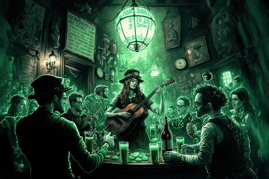 St. Patrick's Day pub crawl with green beer and Irish music