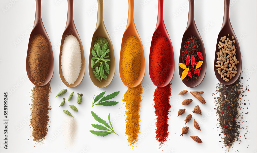 Aufkleber a group of spoons filled with different types of spices and herbs on a white background with a white