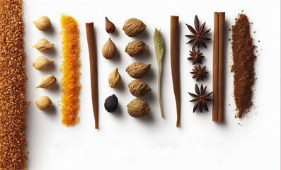 a variety of spices are arranged on a white background, including cinnamon, star anise, cinnamon powder, and star anise star anise, and star anise, and cinnamon., generative ai