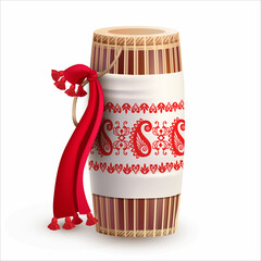 Assamese drum (dhol, onoinya) decorated with gamosa (ornamental body wipe) isolated on white. Traditional attribute for festivals (Bhogali, Kongali, Magh Bihu). Vector.