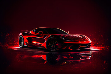  Red fast sports car.  Futuristic sports car  concept.  Generative AI.