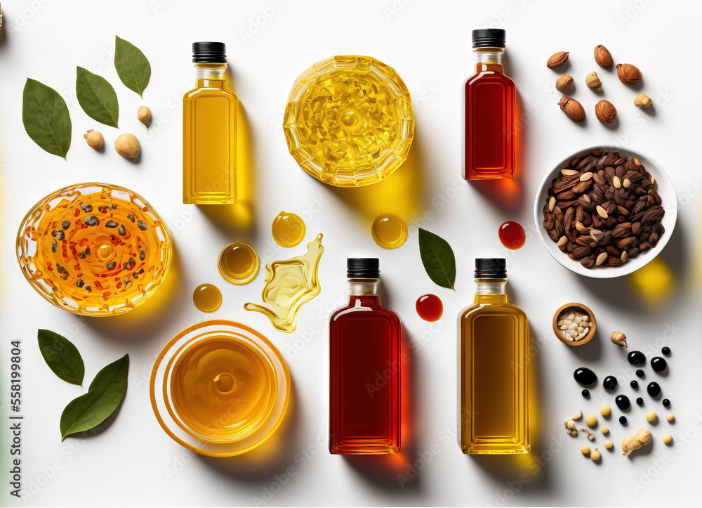 Poster a table topped with bottles of different types of oil and other foodstuffs next to a bowl of nuts an