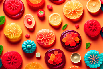 assorted jelly gum fruit candy on red background top view. Generative AI.