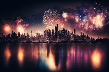 Fototapeta na wymiar New Years Eve fireworks display over a city skyline
