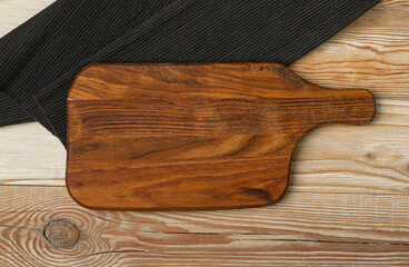 Old Wood Cutting Board Mockup, Vintage Chopping Board Background, Rustic Napkin, Empty Cut Desk Top...