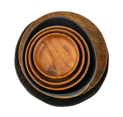 Empty Wood Bowls and Plates Isolated, Wooden Bowl, Black Plate Mockup on White Background Top View,