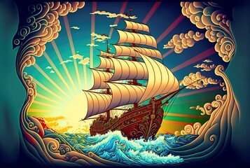 illustration, a sailing ship at sea, 3D illustration.
