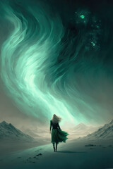 Aurora boreal sky and fantasy landscape, with a woman walking away and her hair and dress blowing in the wind.
