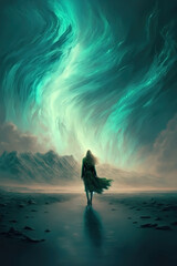 Woman with hair and dress blowing in the wind, walking away in front of a fantasy landscape and aurora boreal sky