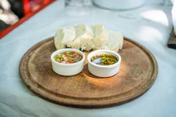 traditional argentinean sauces on a wooden