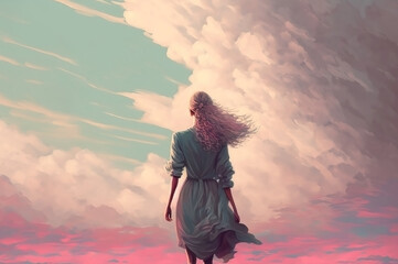 Blond woman walking away with a dress and long blowing hair. Pink sunset sky. Concept art.