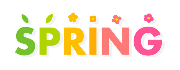 Spring is here. Colorful word banner with flowers and leaves vector illustration.