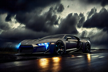 Plakat Futuristic sports car on drak dramatic cloudy environment. car riding on high speed in the night. Generative AI.