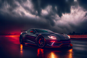 Futuristic sports car on drak dramatic cloudy environment.  car riding on high speed in the night.  Generative AI.