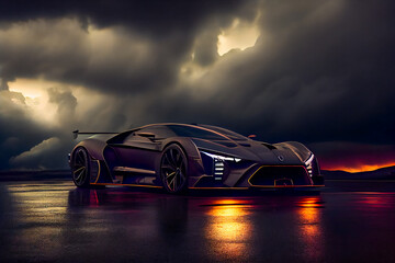 Obraz na płótnie Canvas Futuristic sports car on drak dramatic cloudy environment. car riding on high speed in the night. Generative AI.