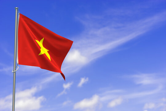Socialist Republic of Vietnam Flag Over Blue Sky Background. 3D Illustration