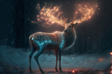Generative Ai of a deer with festive lights in a misty forest at winter. 