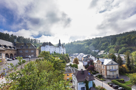 Clervaux, Luxembourg - October 3, 2022: Cityscape with medival castle of Clervaux in Luxembourg
