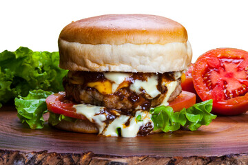 Delicious hamburger with meat bun and vegetables