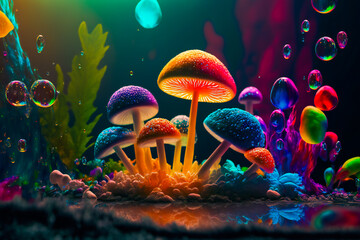 Psychedelic Decorative mushrooms.  Image created with Generative AI technology.