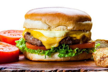 Delicious hamburger with meat bun and vegetables