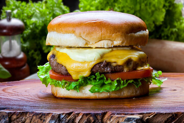 Delicious hamburger with meat bun and vegetables