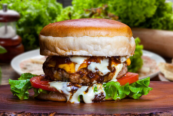 Delicious hamburger with meat bun and vegetables