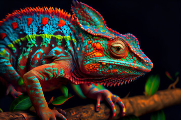 Close up of a brightly colored chameleon. Psychedelic and vibrant animal artwork. Beautiful multicolor scales. Generative AI. - obrazy, fototapety, plakaty