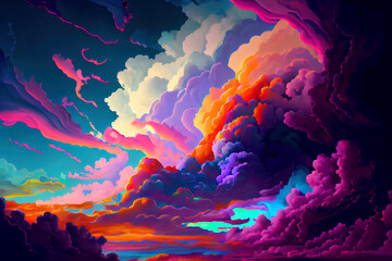 Vibrant multicolor clouds of various shapes and sizes floating in the evening sky. Fantasy psychedelic artwork. Generative AI. - obrazy, fototapety, plakaty