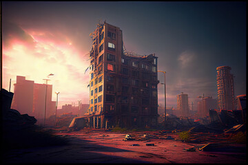 Destroyed in war post-apocalyptic city background