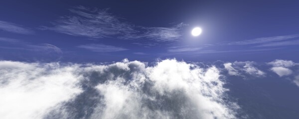 Beautiful clouds under the rays of the sun, clouds landscape top view, 3d rendering
