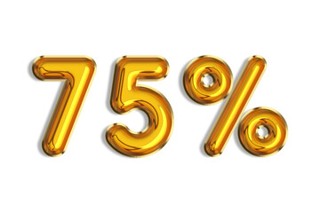 75% off discount promotion sale made of realistic 3d gold helium balloons. Illustration of golden percent symbol for selling poster, banner, ads, shopping concept. Numbers isolated on white background