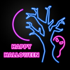 happy halloween neon sign, modern glowing banner design, colorful modern design trends on black background. Vector illustration.