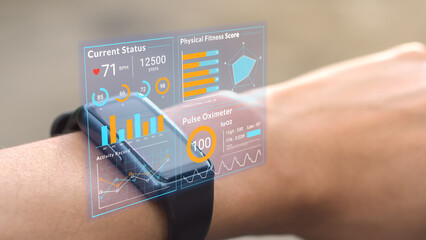 Futuristic hologram infographic display on smartwatch, 3d rendering medical data user interface screen app on hi-tech watch, heart rate SpO2 scanning and physical health condition UI technology - 558203026