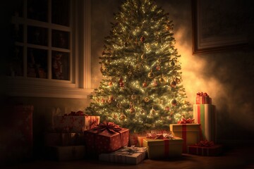 Fototapeta na wymiar Christmas tree with presents and lights