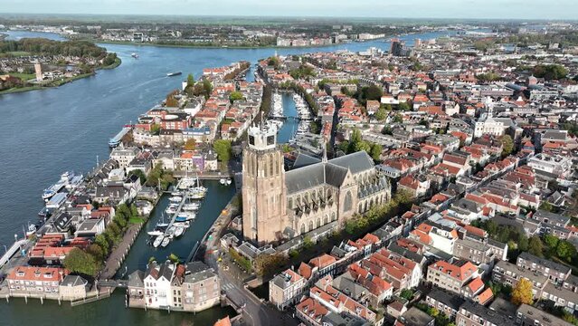 Dordrecht, the fifth municipality of the Dutch province of South Holland. The Netherlands. River Oude Maas, part of the Drechtsteden. Aerial drone overhead.