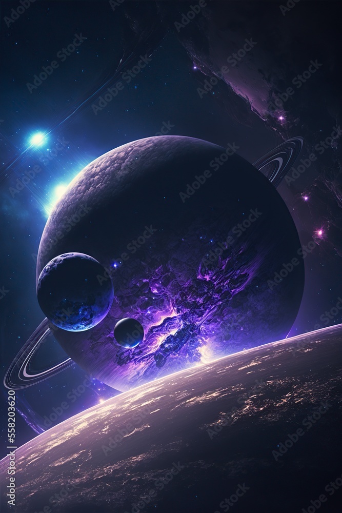 Wall mural illustration, shiny planet in space, 3d illustration.