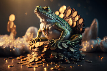 Abstract picture of the Chinese Feng Shui lucky money frog with coin. Generative AI. Wellness and rich concept.