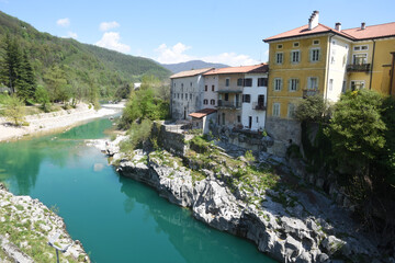 Fototapeta na wymiar View of Soča river from bridge in town Kanal in Slovenia