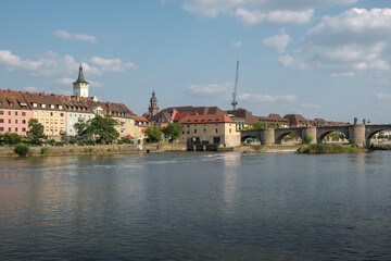 View from the bank of the river  Main to the city Würzburg in Germany with the old main bridge.
