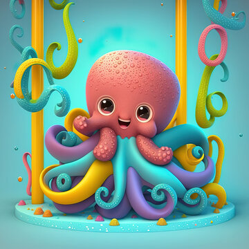 Cute coloured octopus on teal background, 3d render, Generative AI