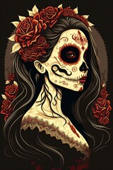 illustration, woman with makeup and floral ornaments, day of the dead, Mexico, 3D illustration.