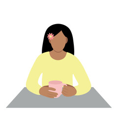 Portrait of a indian girl with a cup in her hands at the table, flat vector, isolate on white, faceless illustration