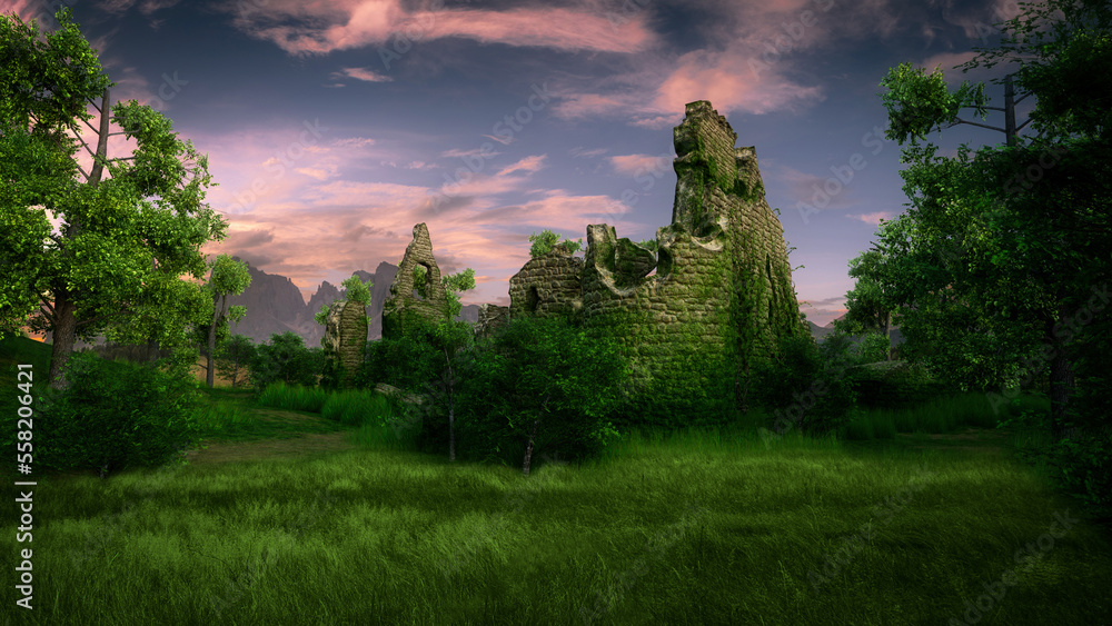 Poster ancient medieval castle ruins in a forest clearing. 3d rendering.