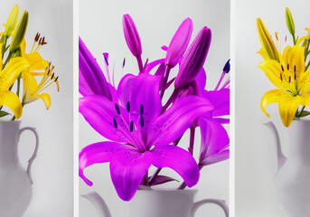 collage of yellow and lilac lilies in a jug