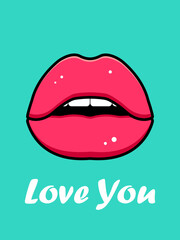 Postcard I love you. Cartoon lips on a green background. Vector illustration