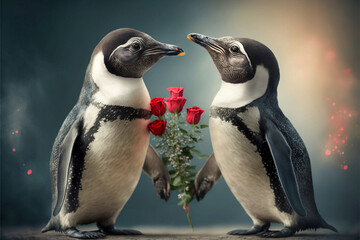 Zwei verliebte Pinguine mit Rosen zu Valentinstag