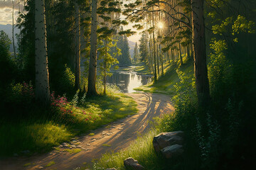 Sunlit path in a park before sunset , art illustration