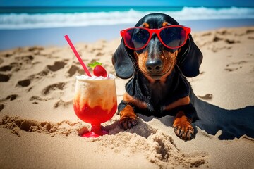 Image of Beautiful dog of dachshund, black and tan, buried in the sand at the beach sea on summer vacation holidays, wearing red sunglasses with coconut cocktail stock photo Summer printed on Printed Glass Splashbacks