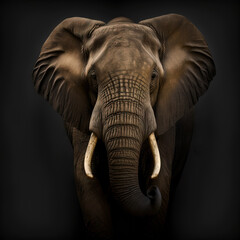 Fototapeta na wymiar Big beautiful profile of an African grey elephant with ivory tusks walking forward on a black background. Realistic detailed, photo theme, made by AI generation.